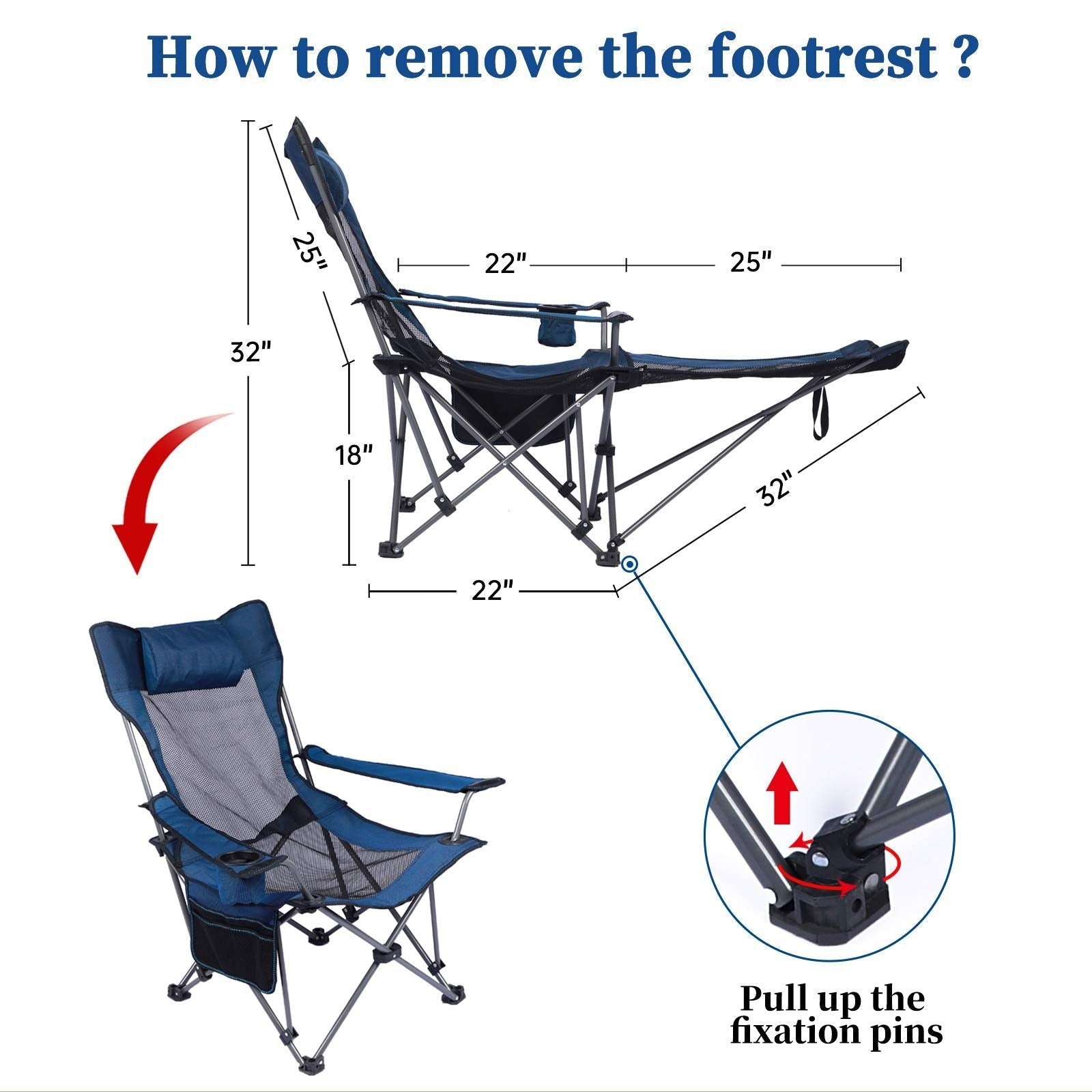 Duskie KEFOMOL blue portable camping chair with removable footrest, headrest, cup holder, and mesh backrest dimensions.