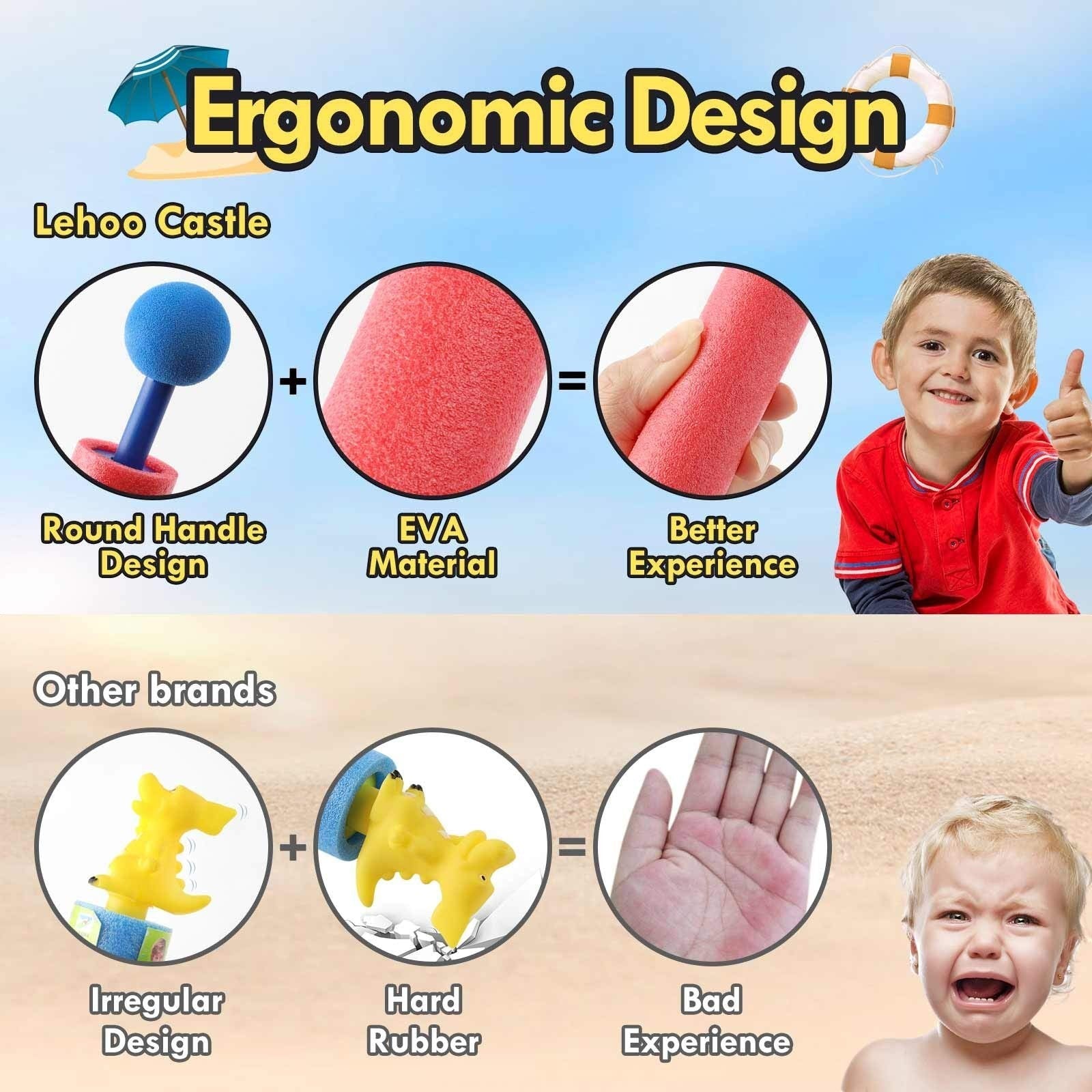 Duskie Lehoo Castle foam water gun comparison chart showing ergonomic round handle and soft EVA material for kids