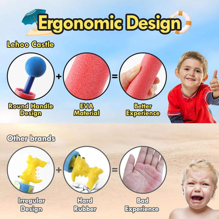 Duskie Lehoo Castle foam water gun comparison chart showing ergonomic round handle and soft EVA material for kids