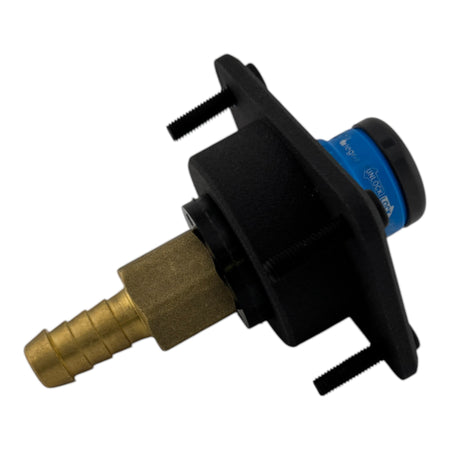 Duskie Nitto Legris coupler with blue unlock ring, brass barb fitting, and black panel with screws.
