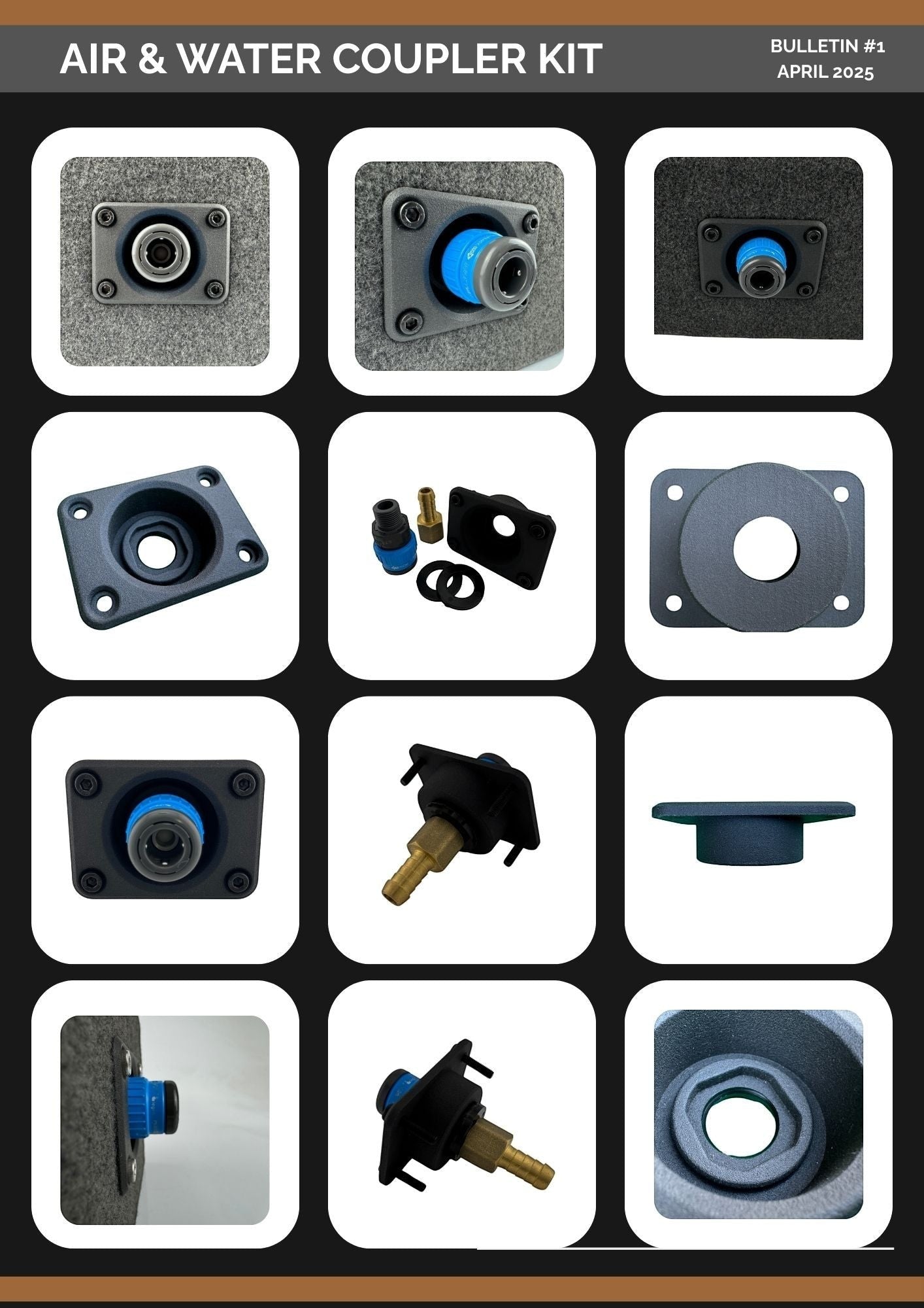 Duskie Nitto Legris coupler kit with blue quick-connect air and water fitting, brass barb, and nylon panel.