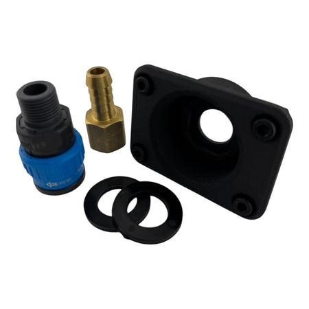 Duskie Nitto Legris coupler kit with blue and black quick-connect fitting, brass barb, and black panel mount.