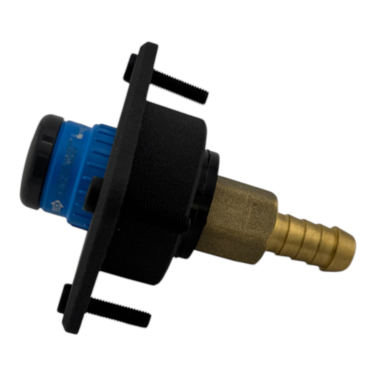 Duskie Nitto Legris blue and black quick connect coupler with brass barb fitting and black panel.