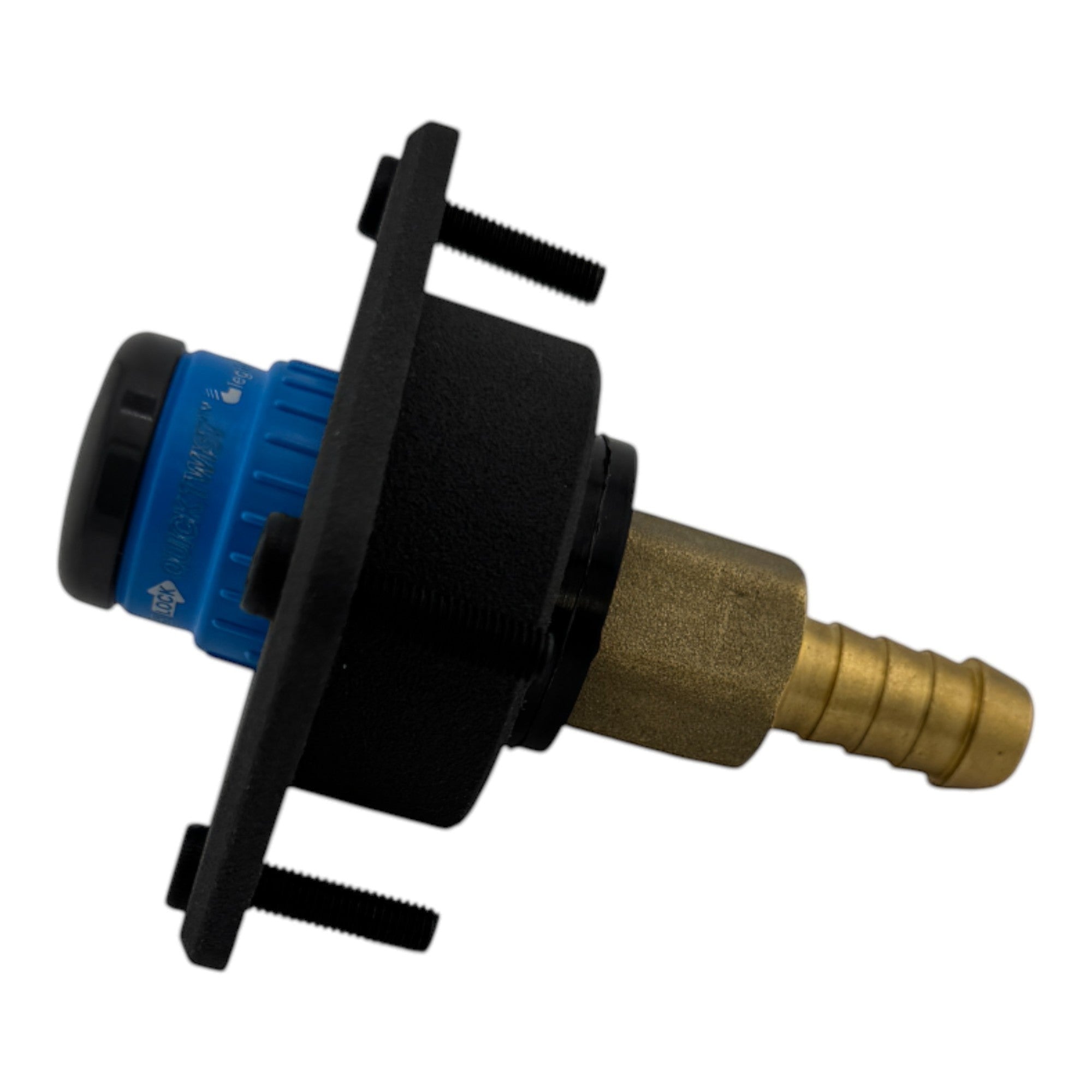 Duskie Nitto Legris blue and black quick connect coupler with brass barb fitting and black panel.