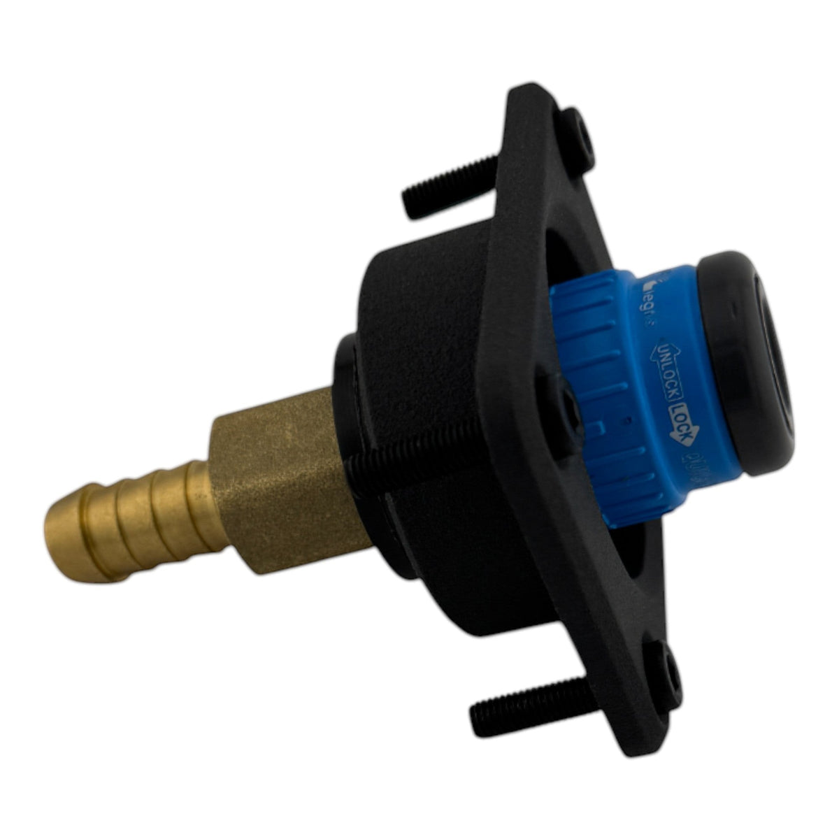Duskie Nitto Legris blue and black quick connect coupler with brass barb fitting and black panel.