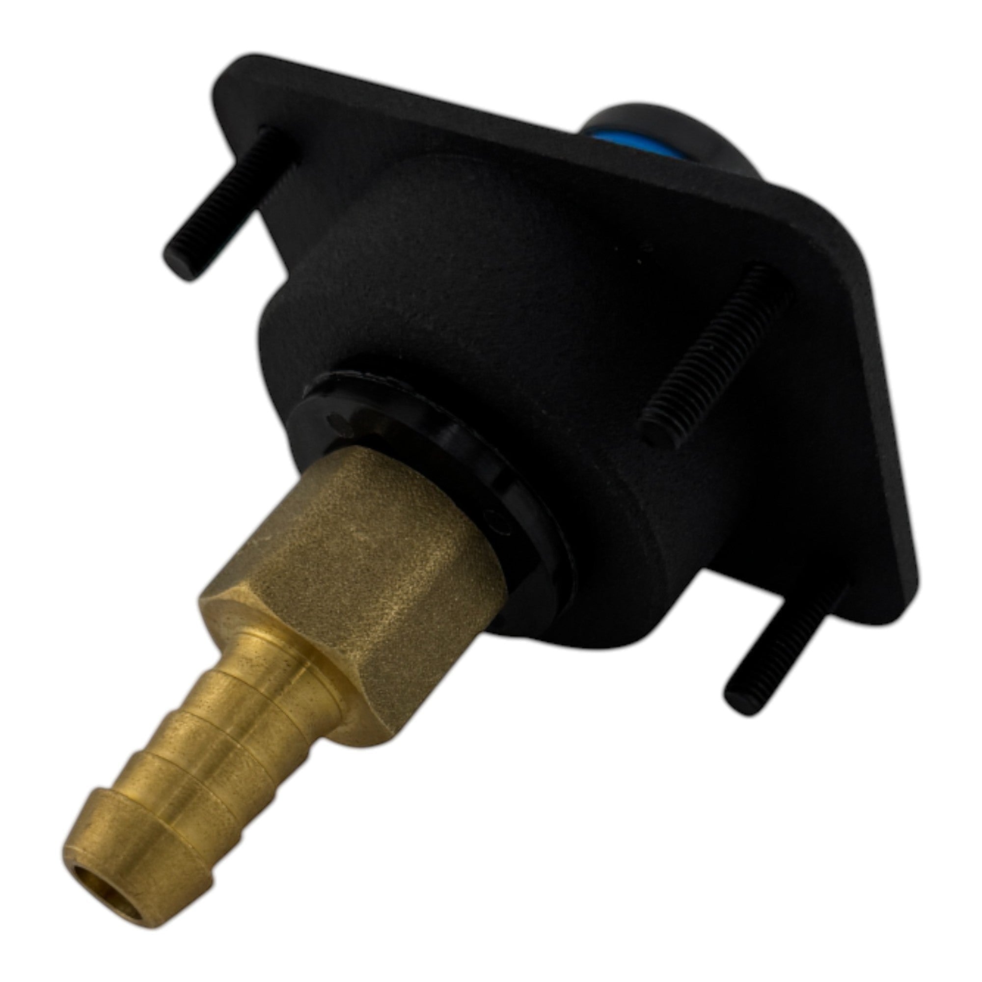 Duskie Nitto Legris coupler kit with black panel, brass barb fitting, and blue accent. For air and water connections.