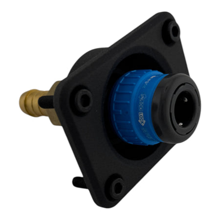Duskie Nitto Legris blue quick connect coupler with 12mm brass barb and black panel. Ideal for air and water connections.