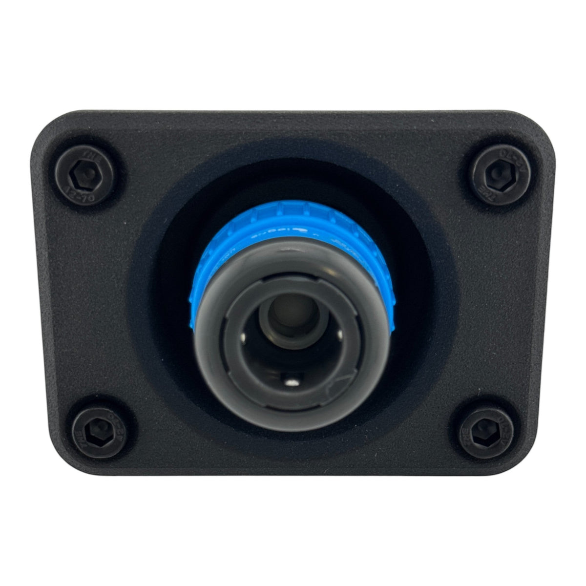 Duskie Nitto Legris coupler with blue locking ring on a black panel, features a 12mm barb fitting for air and water.