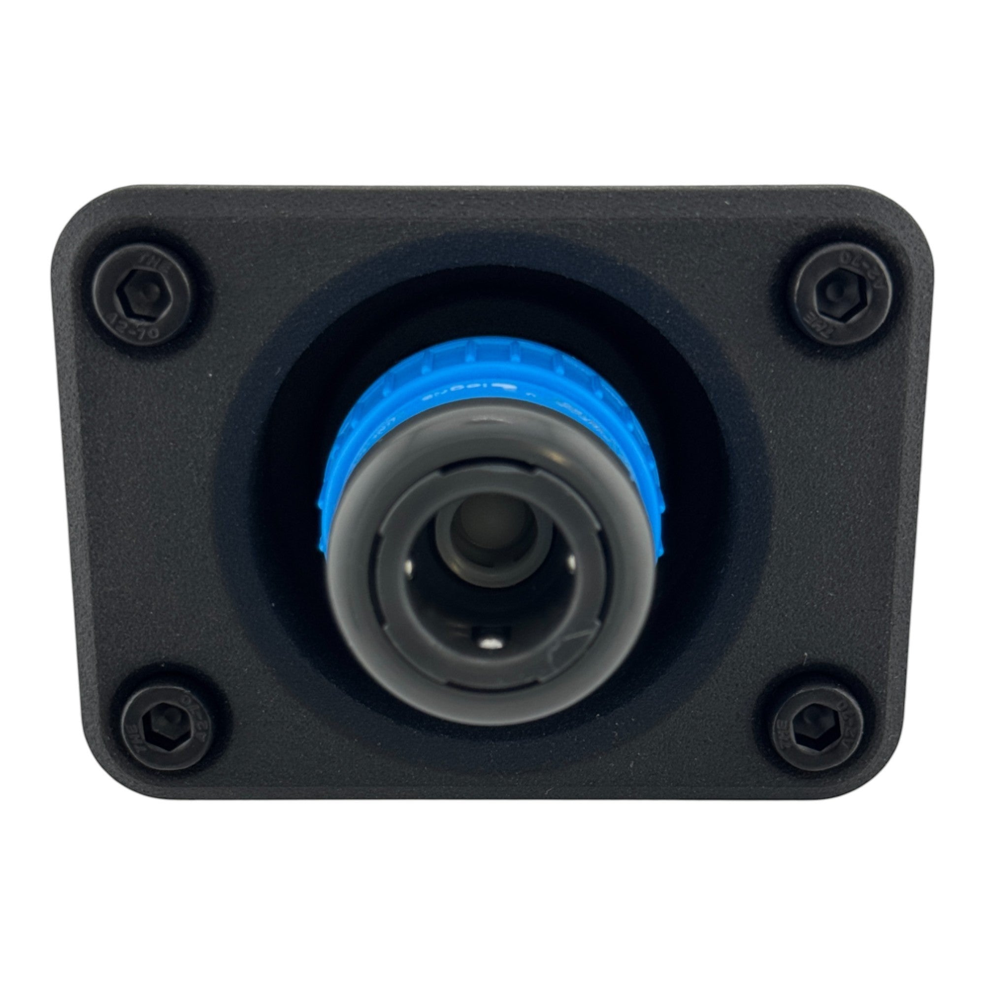 Duskie Nitto Legris coupler with blue locking ring on a black panel, features a 12mm barb fitting for air and water.