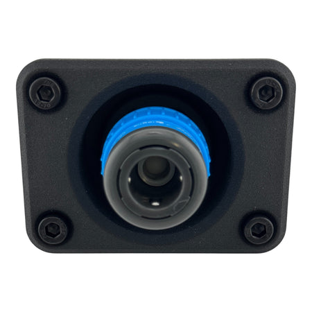 Duskie Nitto Legris coupler with blue locking ring on a black panel, features a 12mm barb fitting for air and water.