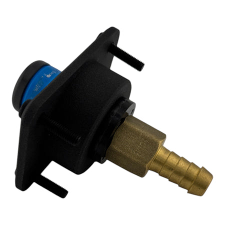 Duskie Nitto Legris coupler with blue accent, black panel, and brass barb fitting for air and water.