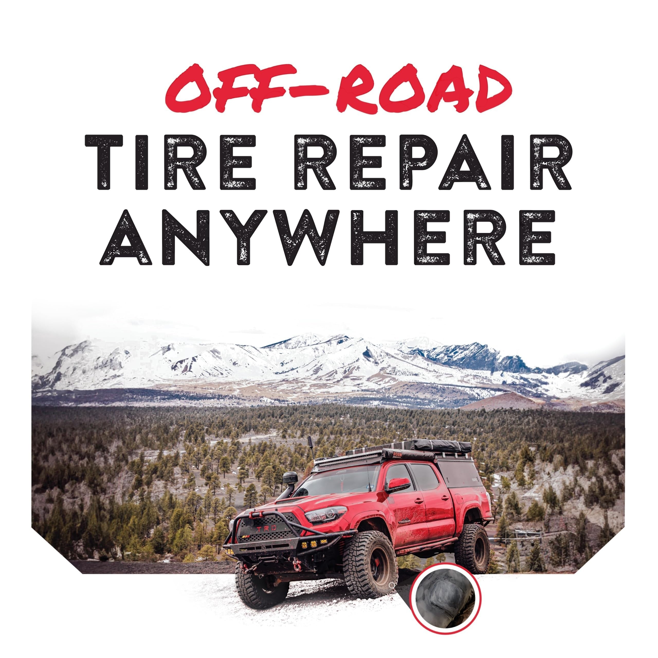 Duskie GlueTread off-road tire repair kit for emergency sidewall patches on 4x4 vehicles in a mountain landscape.