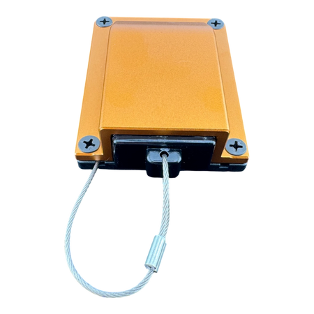 Duskie orange billet aluminium housing with 2-way 50A connector and tethered dust cap. Heavy duty 12V solution.