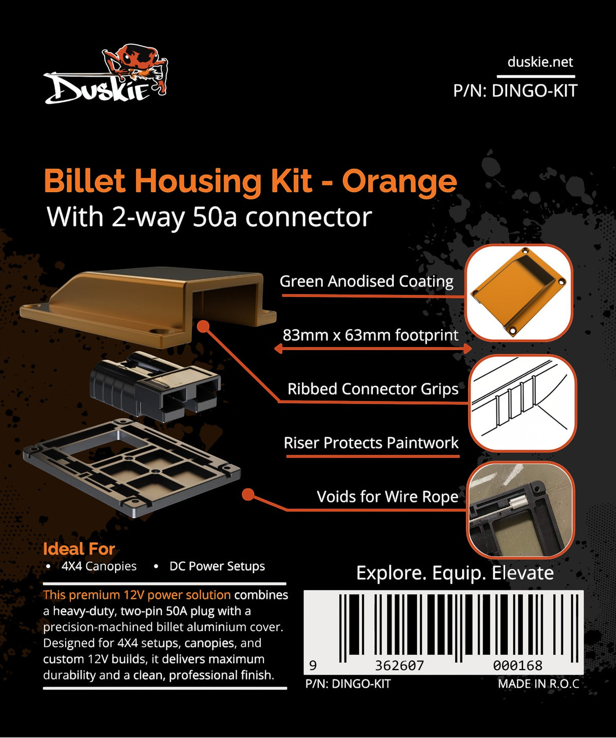 Duskie orange anodised billet aluminium housing kit with 2-way 50A connector, riser base, and dust cap.