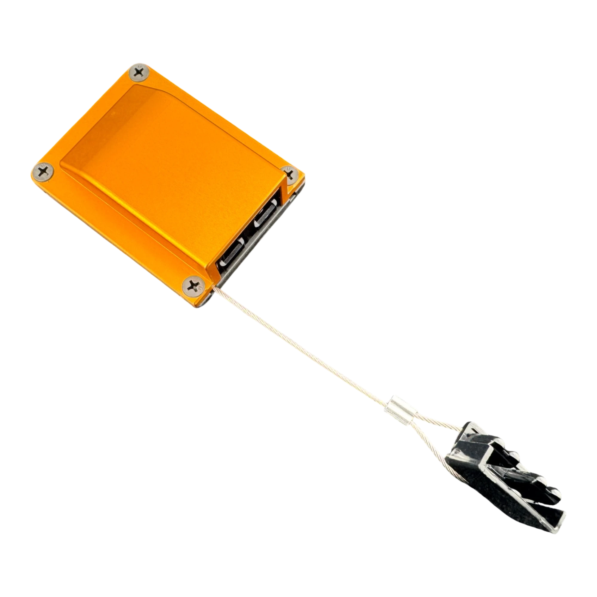 Duskie orange billet aluminium housing kit with 2-way 50A connector and dust cap on wire lanyard.