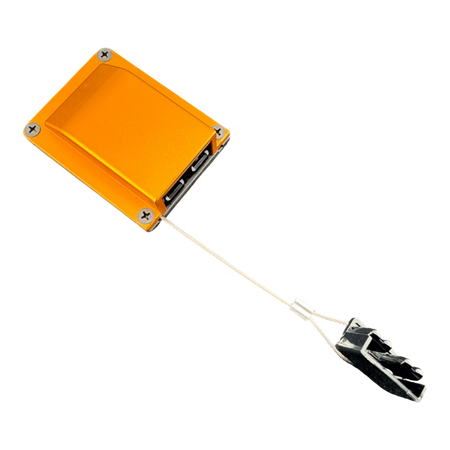 Duskie orange billet aluminium housing kit with 2-way 50A connector and dust cap on wire lanyard.