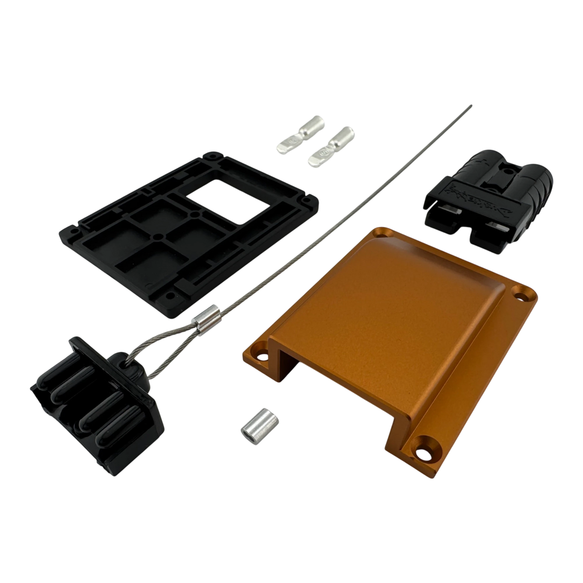 Duskie orange billet aluminium housing kit with 2-way 50A connector, dust cap, and mounting hardware.