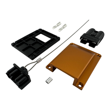 Duskie orange billet aluminium housing kit with 2-way 50A connector, dust cap, and mounting hardware.
