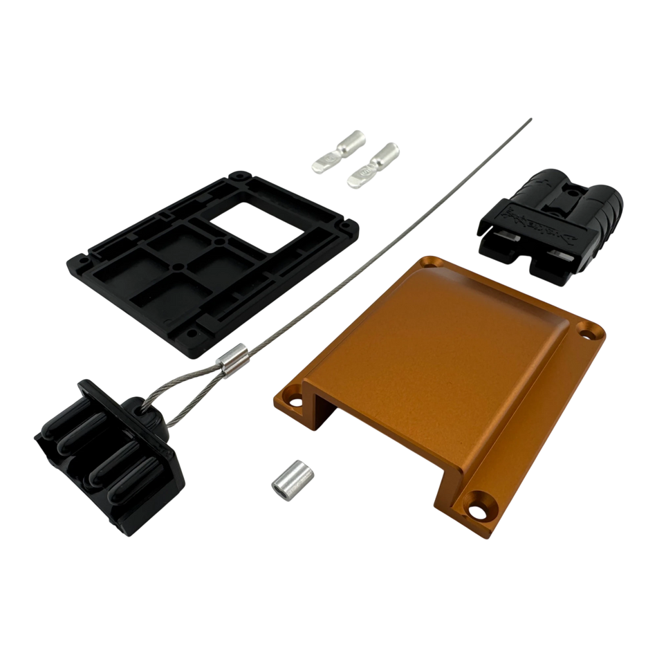 Duskie orange billet aluminium housing kit with 2-way 50A connector, dust cap, and mounting hardware.