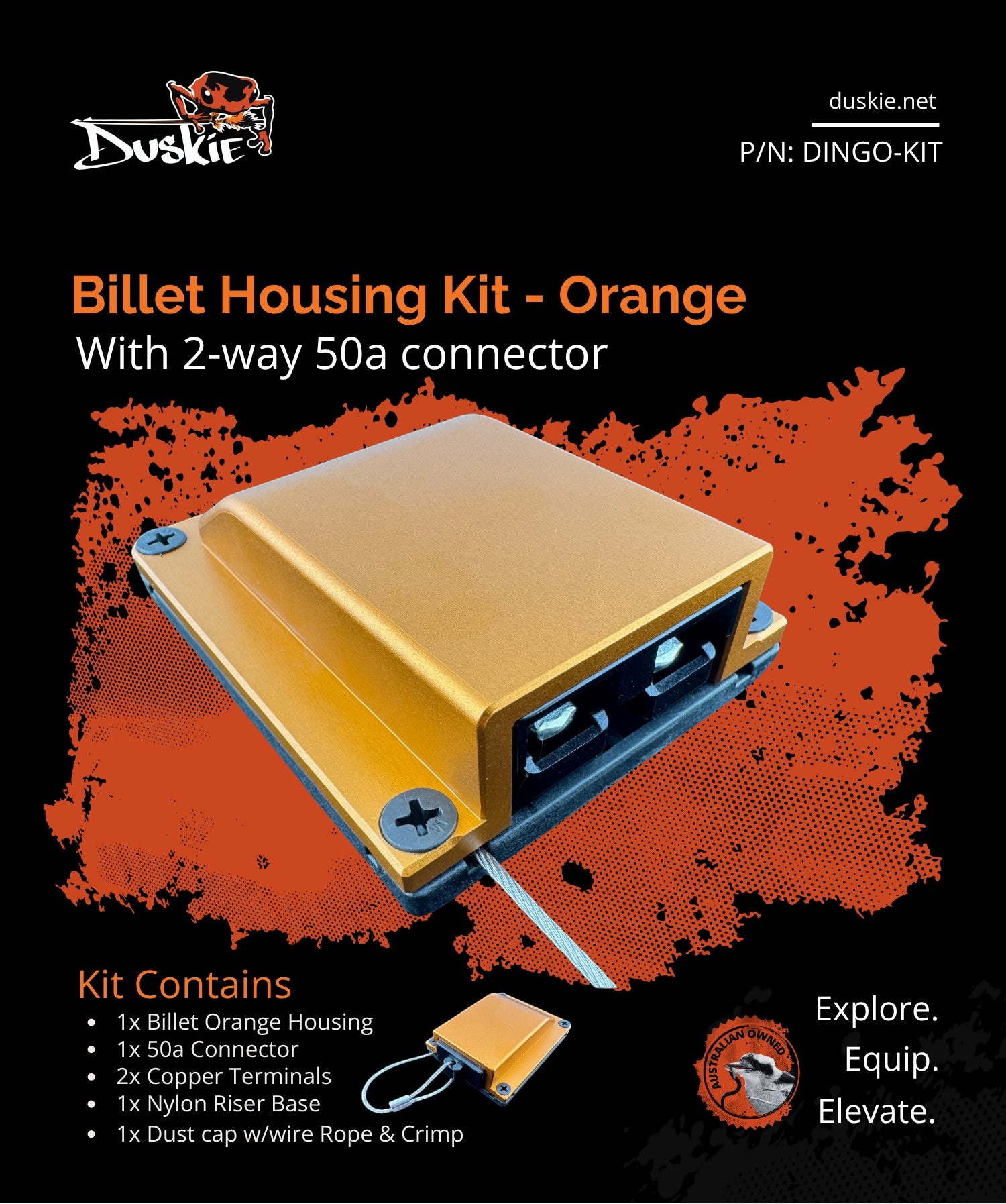 Duskie orange billet aluminium housing kit with 2-way 50A connector, ideal for 4x4 and canopies.