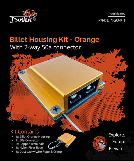 Duskie orange billet aluminium housing kit with 2-way 50A connector, ideal for 4x4 and canopies.