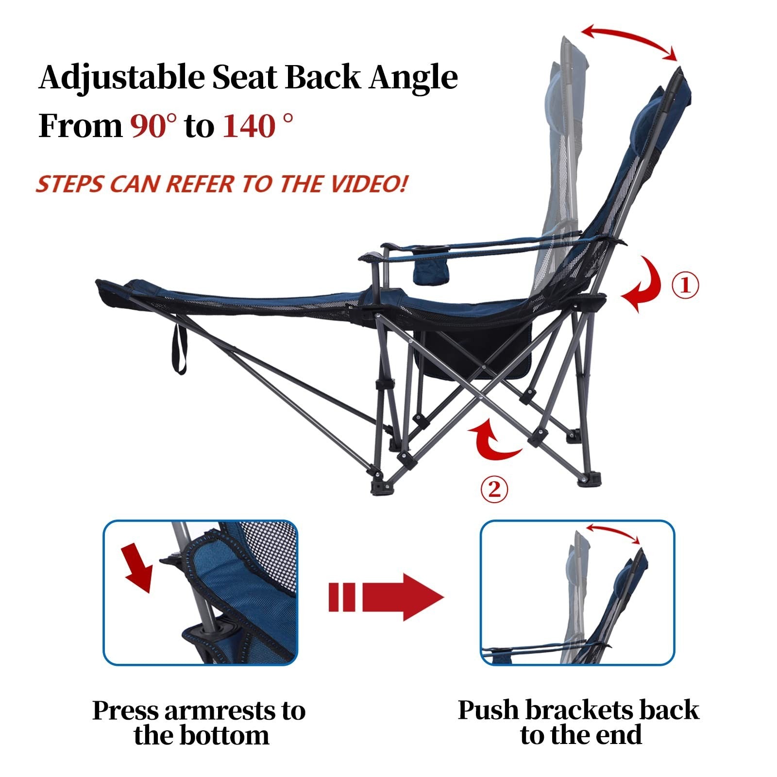 Duskie blue portable camping chair with adjustable backrest, removable footrest, cup holder, and breathable mesh fabric.