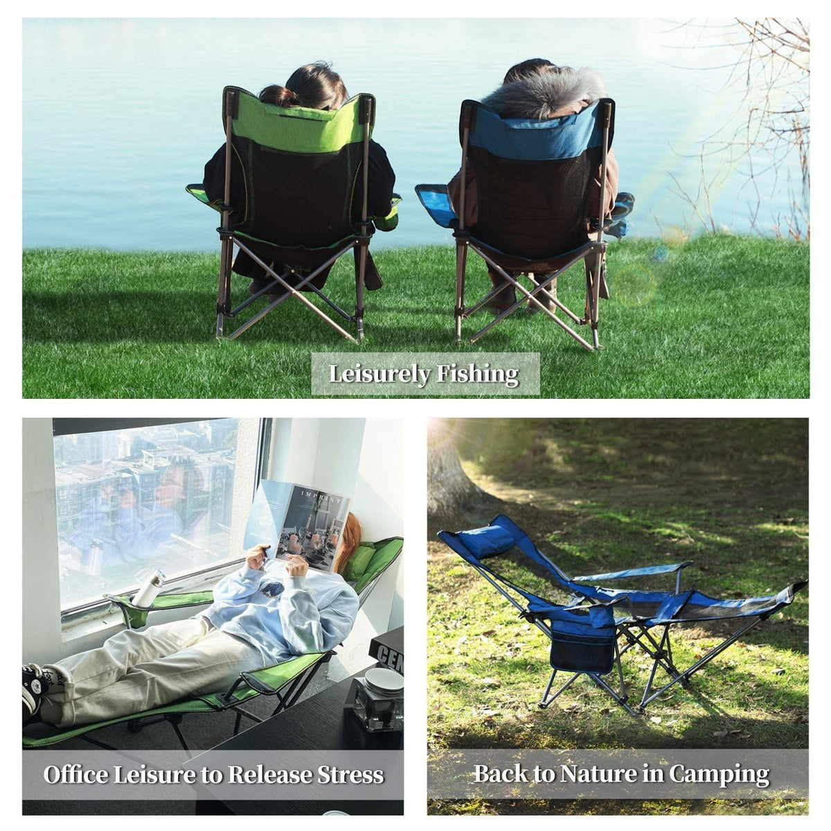 Duskie portable blue reclining camping chair with footrest, mesh back, and headrest used in outdoor and indoor settings