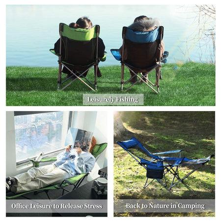 Duskie portable blue reclining camping chair with footrest, mesh back, and headrest used in outdoor and indoor settings