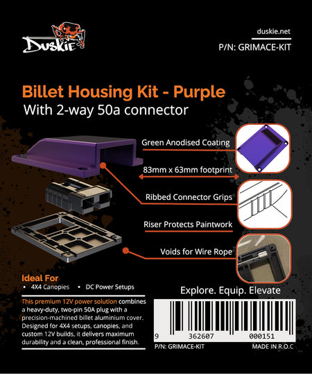 Duskie purple billet aluminium housing kit with 2-way 50A connector, riser base, and dust cap. Ideal for 4x4.