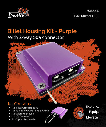 Duskie purple billet aluminium housing kit with 2-way 50A connector and dust cap, ideal for 4x4 setups.
