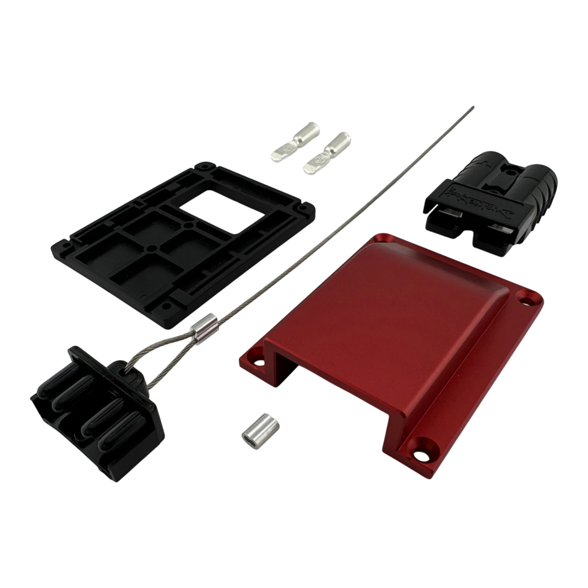 Duskie red billet aluminium housing kit with 2-way 50A connector, dust cap, and terminals. Heavy duty 12V solution.