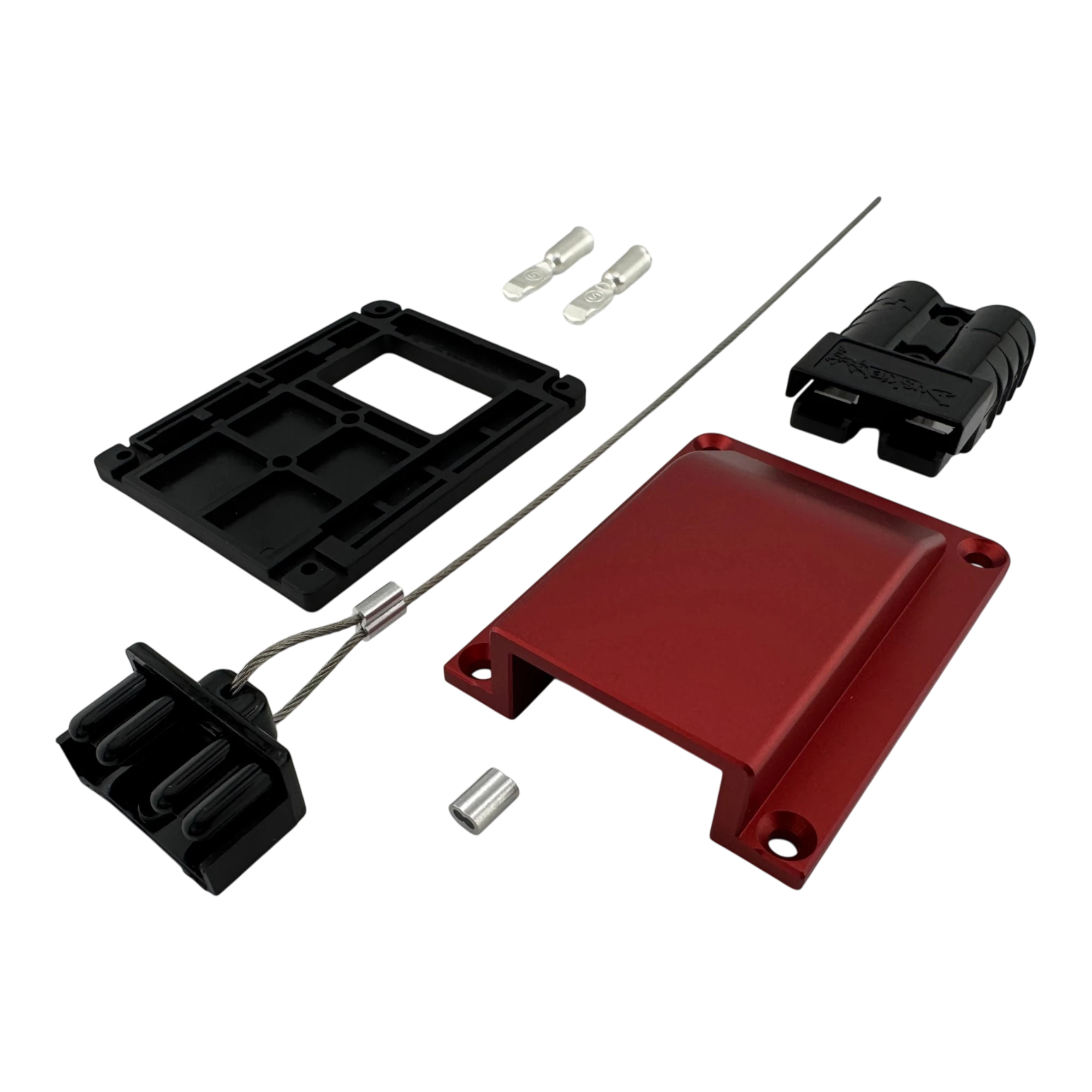 Duskie red billet aluminium housing kit with 2-way 50A connector, dust cap, and terminals. Heavy duty 12V solution.