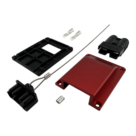 Duskie red billet aluminium housing kit with 2-way 50A connector, dust cap, and terminals. Heavy duty 12V solution.