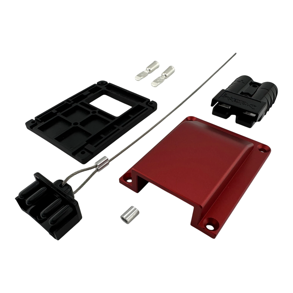 Duskie red billet aluminium housing kit with 2-way 50A connector, dust cap, and terminals. Heavy duty 12V solution.