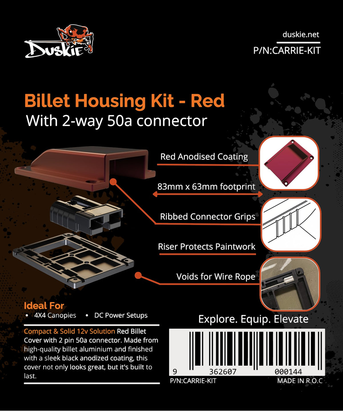 Duskie red anodised billet aluminium housing kit with 2-way 50A connector for 4x4 canopies and DC power setups.