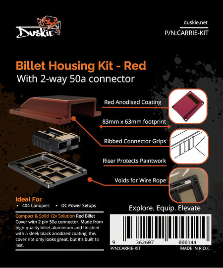 Duskie red anodised billet aluminium housing kit with 2-way 50A connector for 4x4 canopies and DC power setups.