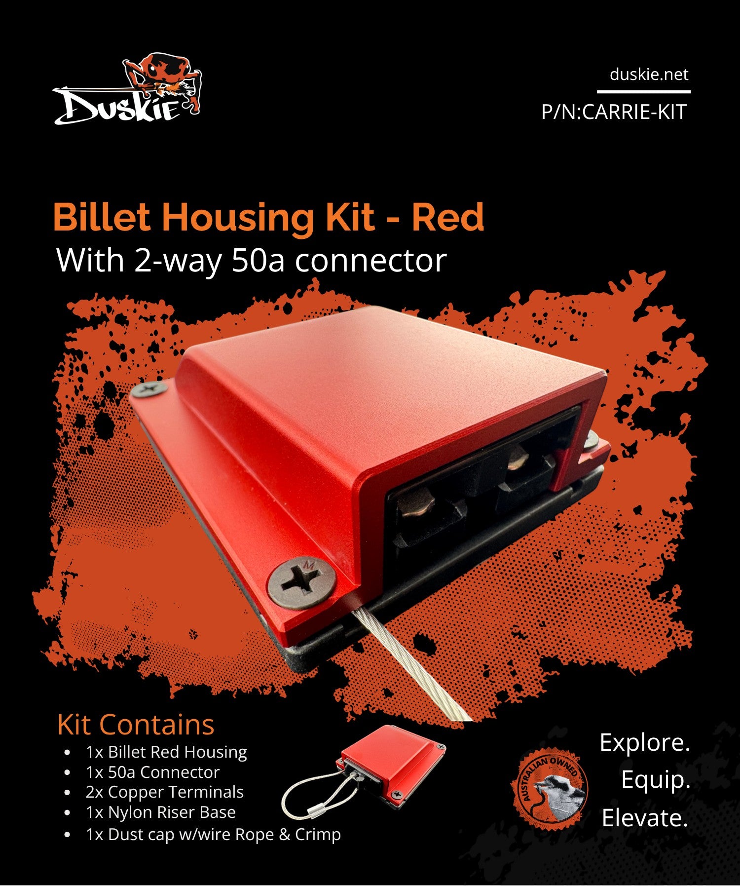 Duskie red billet aluminium housing kit with 2-way 50A connector and dust cap for 4x4 vehicles.