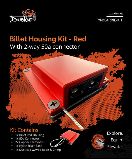 Duskie red billet aluminium housing kit with 2-way 50A connector and dust cap for 4x4 vehicles.