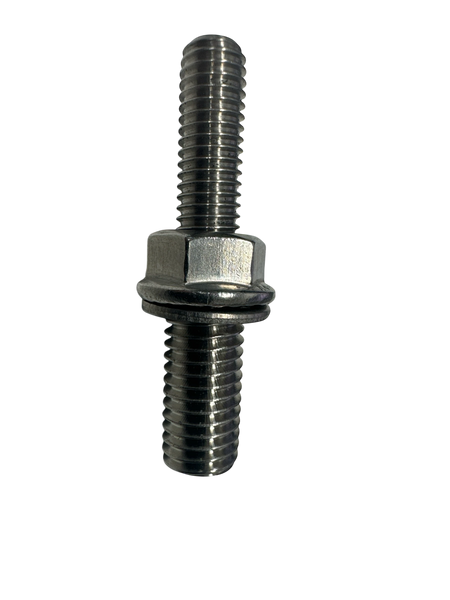 Duskie M10 to M8 stainless steel shunt expansion stud with washer and nut. Extends wiring options.