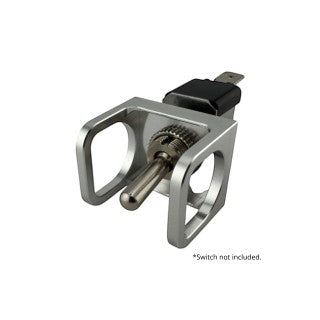 Duskie silver billet aluminum ISS-style toggle switch guard with hinged cover for preventing accidental activation.