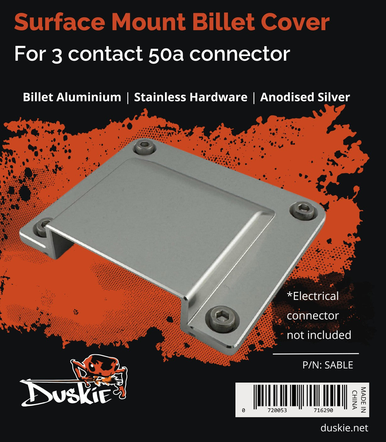 Duskie silver billet aluminum cover for 3-way 50A Anderson connector with stainless hardware.