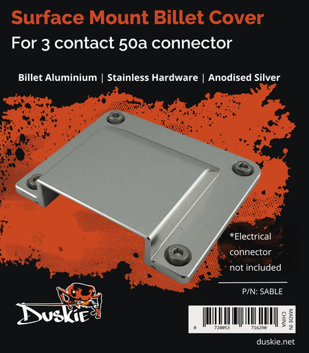 Duskie silver billet aluminum cover for 3-way 50A Anderson connector with stainless hardware.