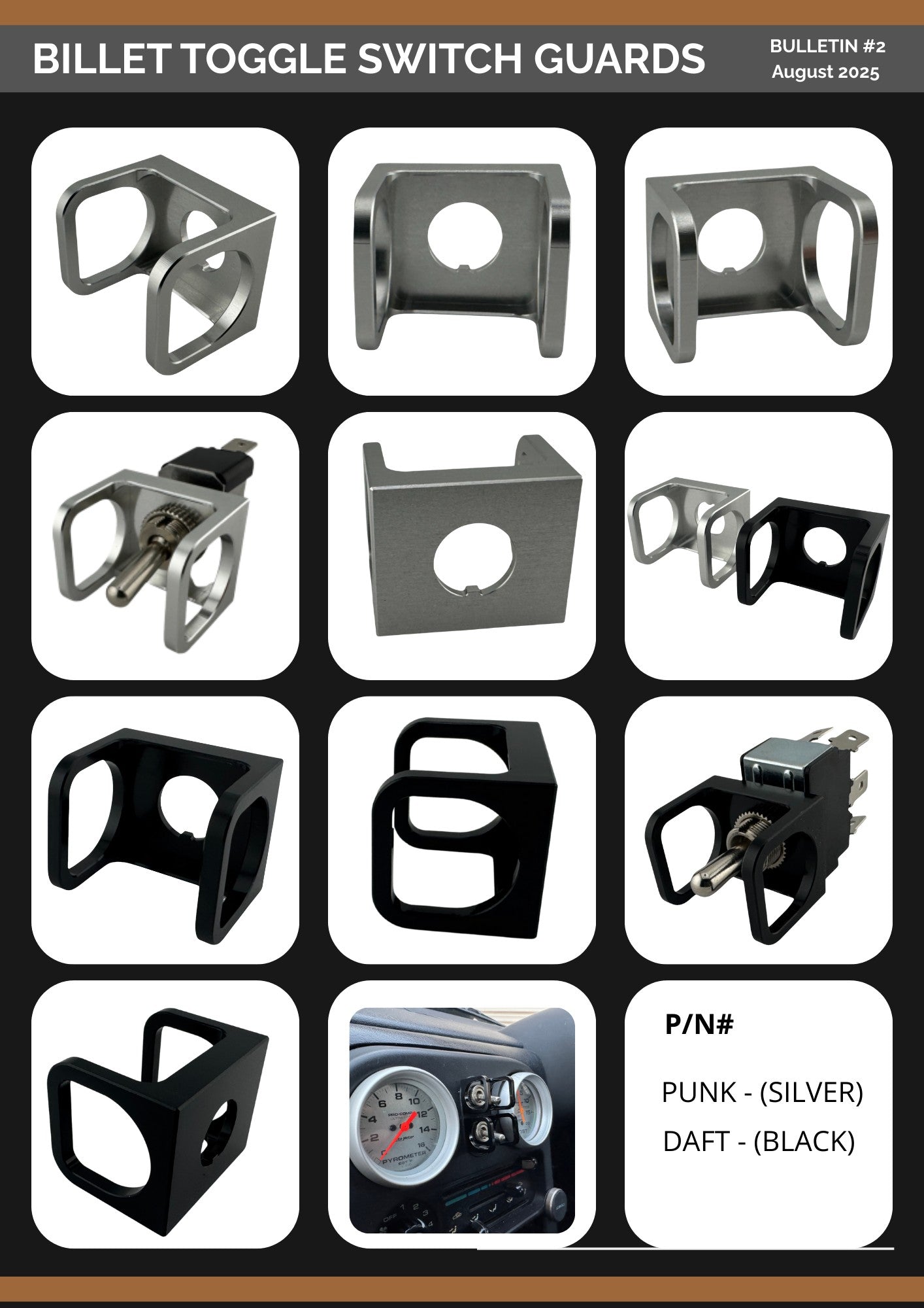 Duskie silver billet aluminium toggle switch guard with a hinged cover for preventing accidental activation.
