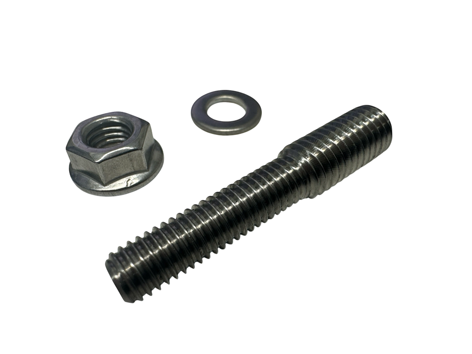 Duskie M10 to M8 stainless steel threaded stud with M8 washer and flange nut for expanding smart shunt connections.