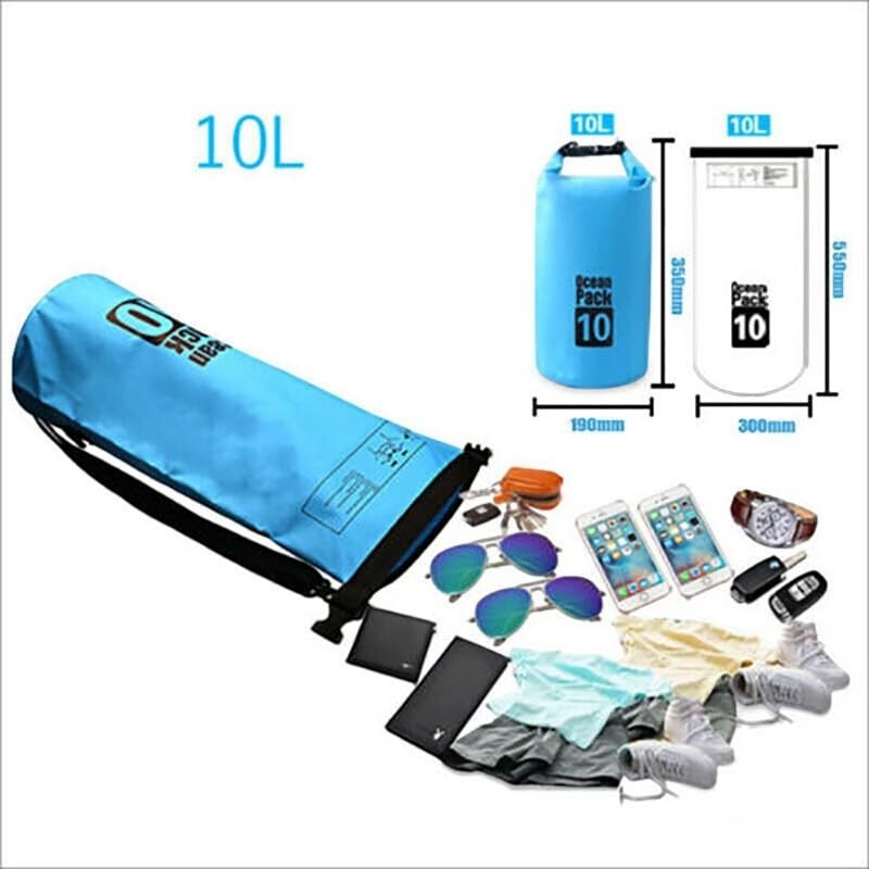 Duskie blue 10L waterproof dry bag with roll-top closure, shown with accessories like sunglasses, phones, keys, and clothing.