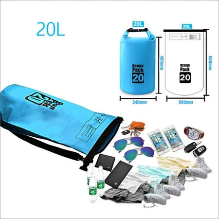 Duskie blue 20L waterproof dry bag with black trim, shown with accessories like sunglasses, phones, and clothing.