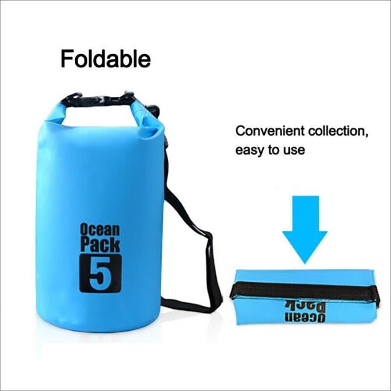 Duskie blue 5L waterproof dry bag made of PVC, ideal for fishing, camping, and canoeing. Foldable and easy to use.