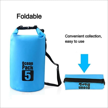 Duskie blue 5L waterproof dry bag made of PVC, ideal for fishing, camping, and canoeing. Foldable and easy to use.