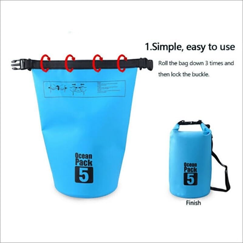 Duskie blue PVC waterproof dry bag, 5L capacity, ideal for fishing, camping, and canoeing.