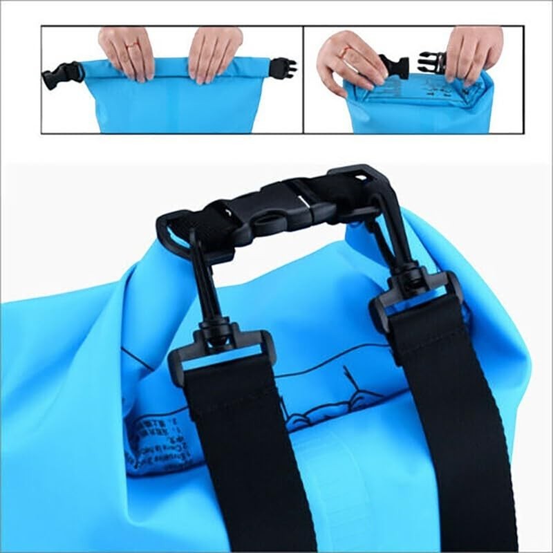 Duskie blue waterproof dry bag with black straps and buckle closure, ideal for outdoor sports like fishing and camping.